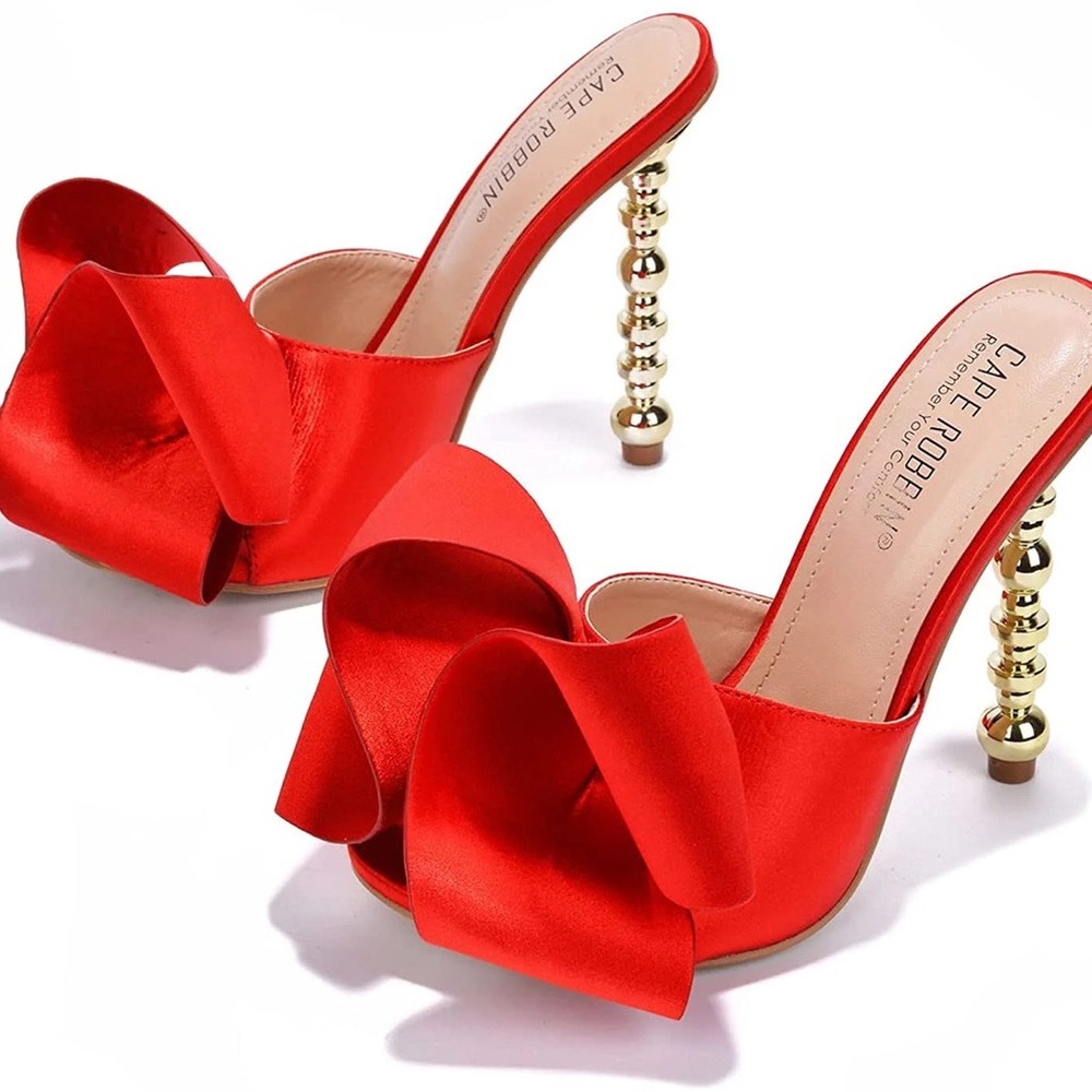 Cape Robbin Salsa Red High Heels Ribbon Open Toe Gold Sculptural Oval Pumps - Picture 2 of 4